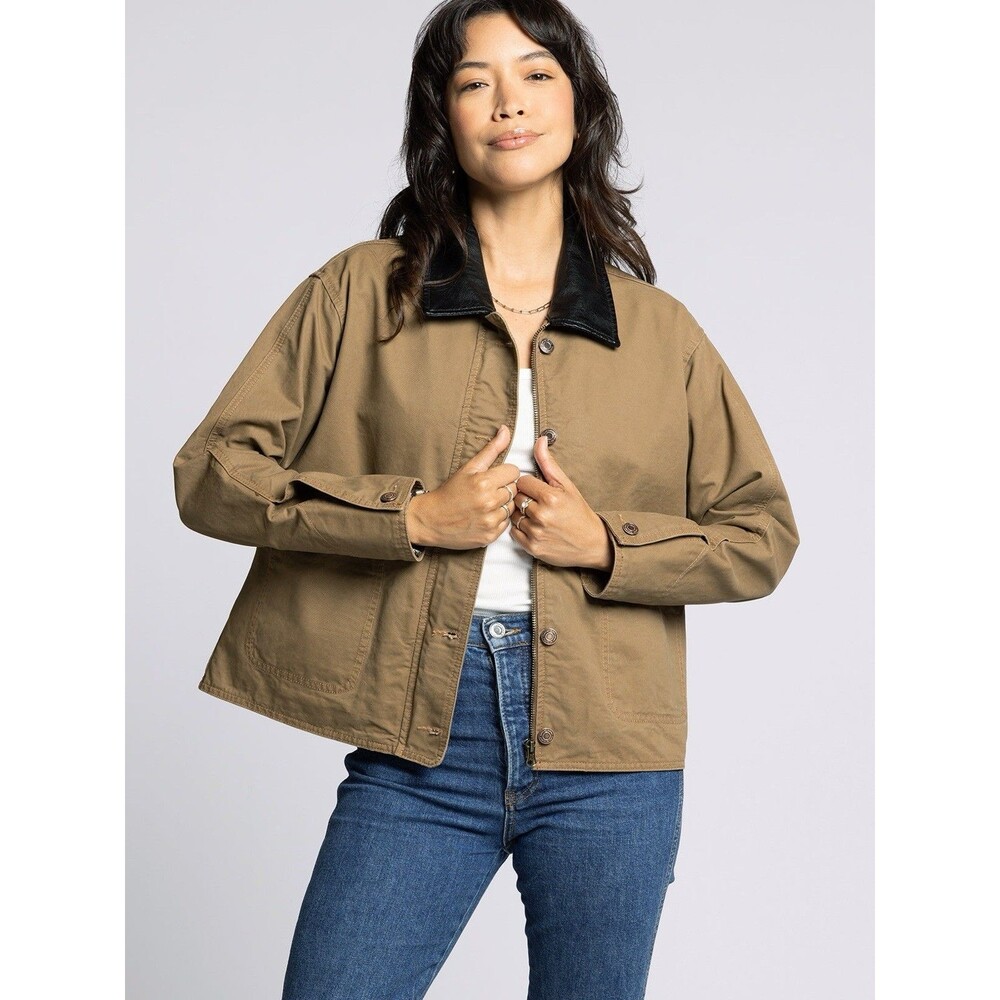 Thread & Supply Zola Barn Jacket Medium Toasted Coconut Faux Leather Collar NWT